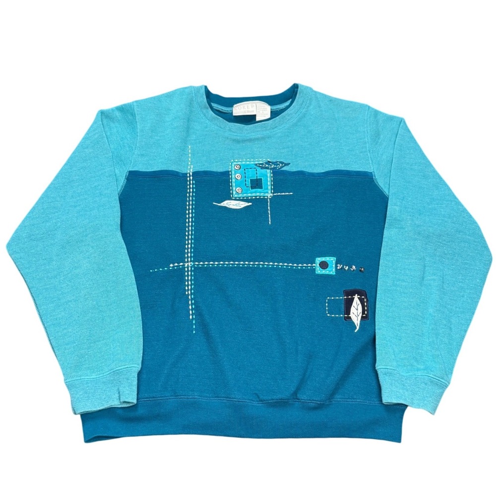 Koret Knit Colorblock‎ Sweatshirt Teal Blue Patchwork Graphic Womens M